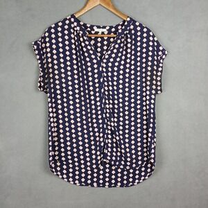 Pleione Blouse Top Womens MP Navy Blue All Over Print Split Neck High Low Hem